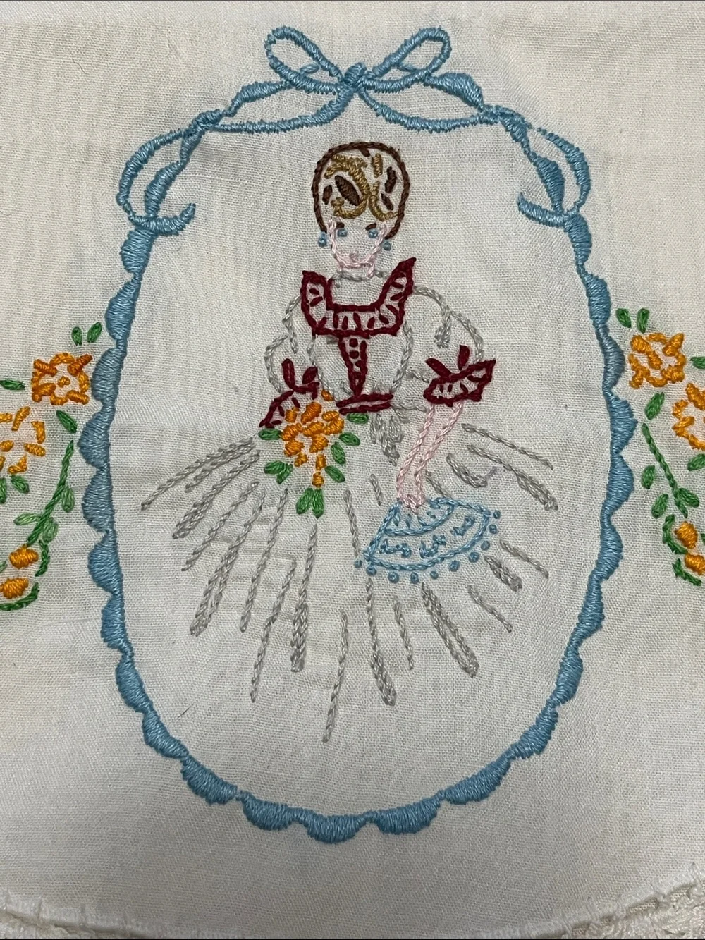 Vtg Embroidered White Cotton Pillowcases with Blue Floral Medallion